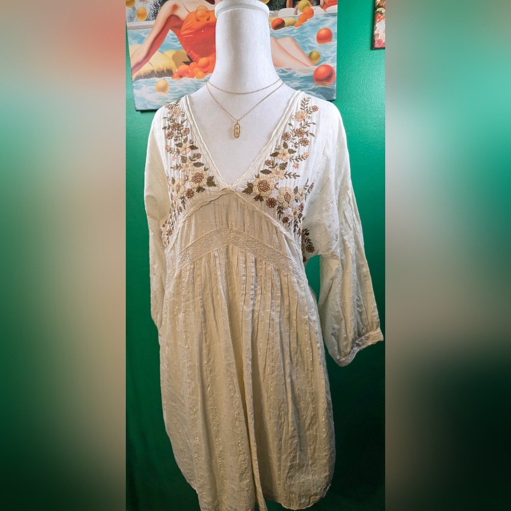 Zara Embroidered Boho Mini Dress | Cream Lace & Floral | Size Xs